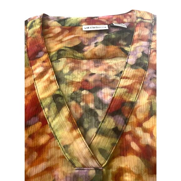 LIZ CLAIBORNE LONG SLV PULL-OVER V-NECK BLOUSE, WOMEN, XL, YELLOW ORANGE PURPLE - Picture 2 of 10